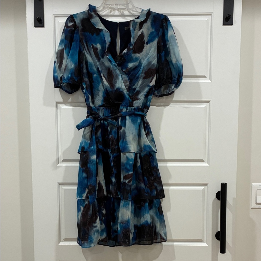 Julia Jordan Abstract Blue and Black Print Tiered Dress